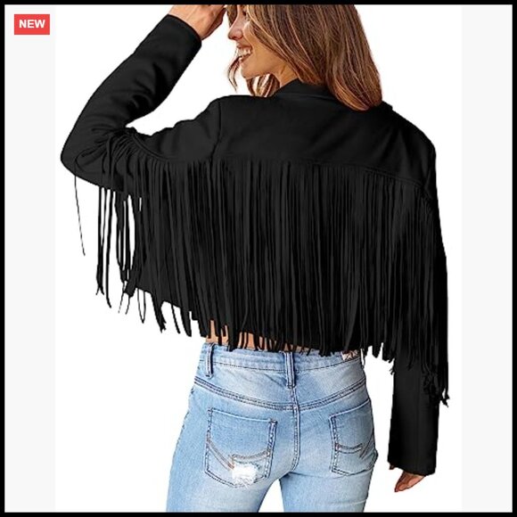 Faux Suede Fringe Cropped Jacket Motorcycle Biker Chic Fall Fashion - Picture 4 of 7